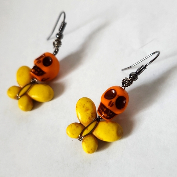 Yellow and Orange Skull Earrings - Picture 2 of 3